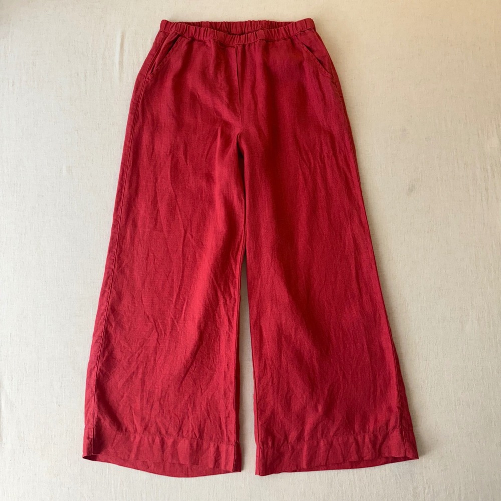Frank & Eileen Linen Pants S Red Wide Leg Pull On Coastal Quiet Luxury